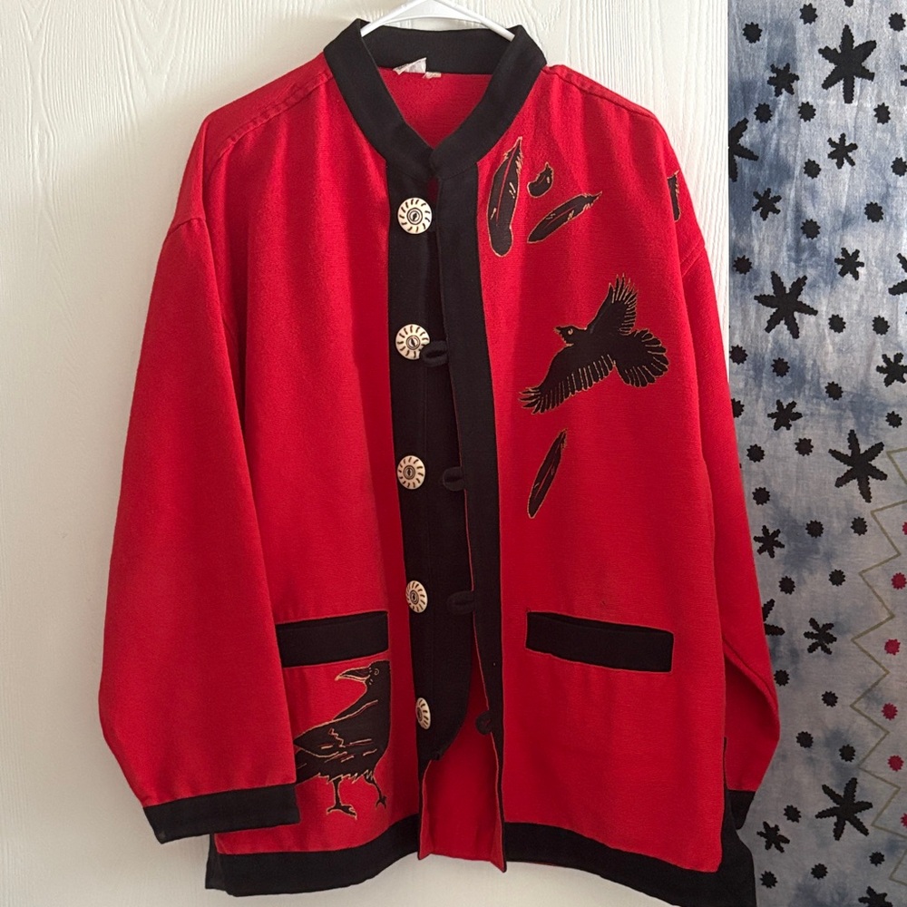 Red and Black Bird Embroidered Jacket
